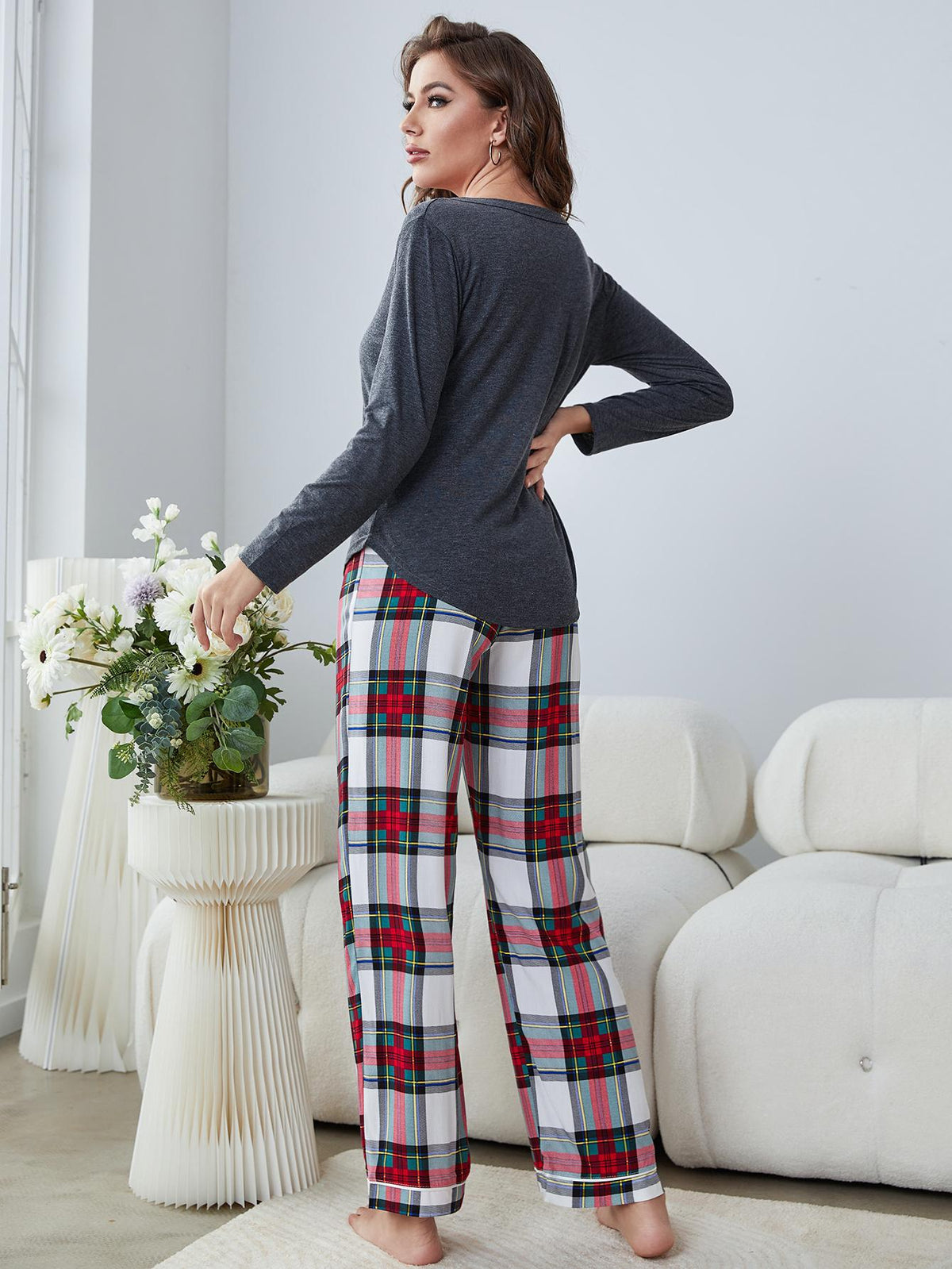 Come Plaid With Me Buttoned Long Sleeve V-Neck Top and Plaid Pants Two Piece Lounge Set (Gray)