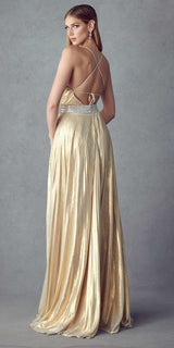 Juliet 226 Metallic Pleated Long Dress A-Line Lace-Up Back