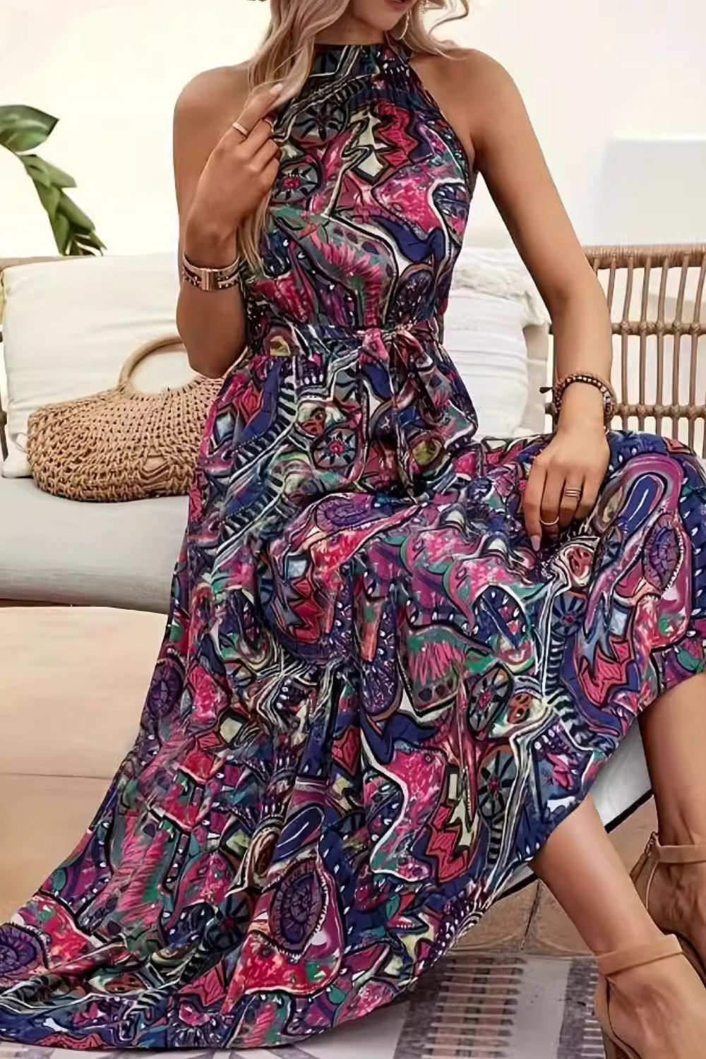 Our Best Polyester Blend Sash Belt Tie Detail Floral Print Sleeveless Maxi Dress (Floral Multi)