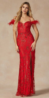 Juliet 2402 Glitter Leaf Sequin Gown with Feathered Sleeves and Slit