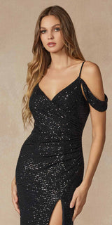 Juliet 2410 Long Off the Shoulder Sequin Gown with Skirt Slit