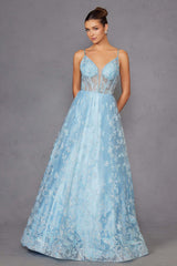 Juliet 2413 Long Butterfly Glitter Embroidered A-Line Gown with Corset Top