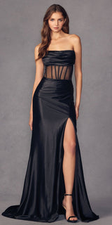 Juliet 2416 Floor Length Strapless Sheer Boned Bodice Slit Satin Dress