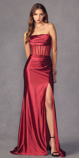 Juliet 2416 Floor Length Strapless Sheer Boned Bodice Slit Satin Dress