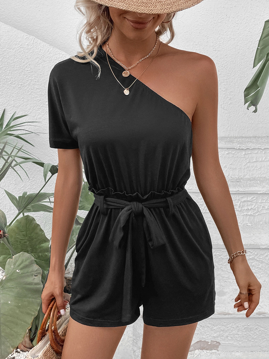 Perfee Single Shoulder Tie Waist Romper