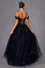 Juliet JT2466A Long Cold Shoulder Sweetheart Corset Bodice A-Line Gown