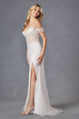 Juliet JT2471LW Long Off the Shoulder Fringe Sleeve Fitted Wedding Gown