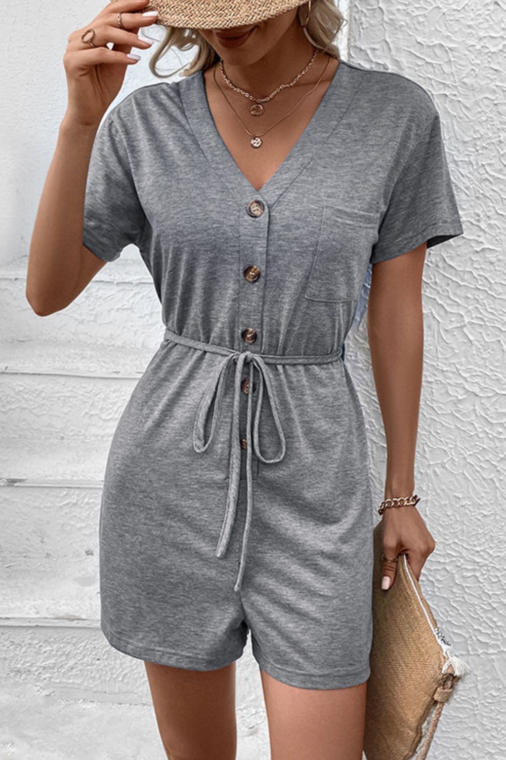 Perfee V-Neck Short Sleeve Tied Romper