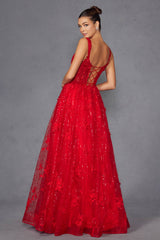 Juliet JT2495A Long A-Line Floral Lace Evening Gown
