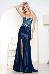 Juliet JT2496A Strapless Floral Embroidered Bodice Fitted Formal Gown