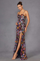 Juliet JT2498A Long Fitted Floral Embroidered Design Evening Gown