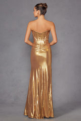 Juliet JT2500A Strapless Fitted Metallic Formal Gown
