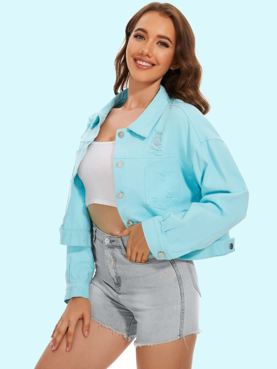 Damsel In Distressed 100% Cotton Fashion Plus Distressed Button-Up Crop Denim Jacket (Multicolor)