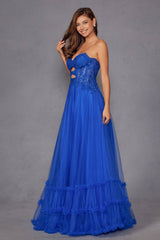 Juliet JT2561S Strapless Sweetheart Keyhole Bodice Tulle A-Line Gown