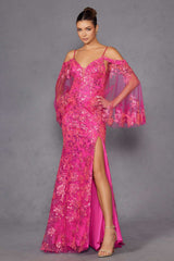 Juliet JT2564U Long Sleeve Cold Shoulder Fitted Sequin Gown