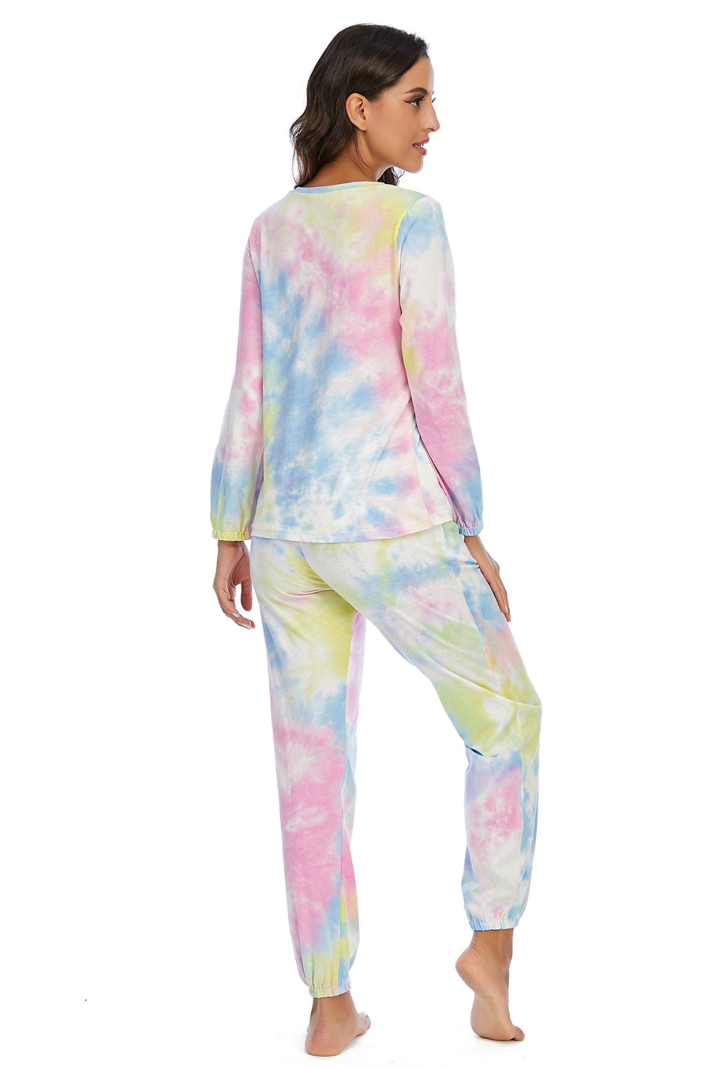 Tyra Tie-dye Rayon/Spandex Blend Drawsting Waist Top and Pants Two Piece Lounge Set (Multicolor)