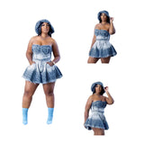 Denim Women Skirts Suit Sexy Strapless Short Tops Print Ensemble Backless Pockets Hem Skirt Female Streetwear 2 Piece Sets
