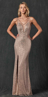 Juliet 264 Long Fitted Sequin Dress Sheer Sides