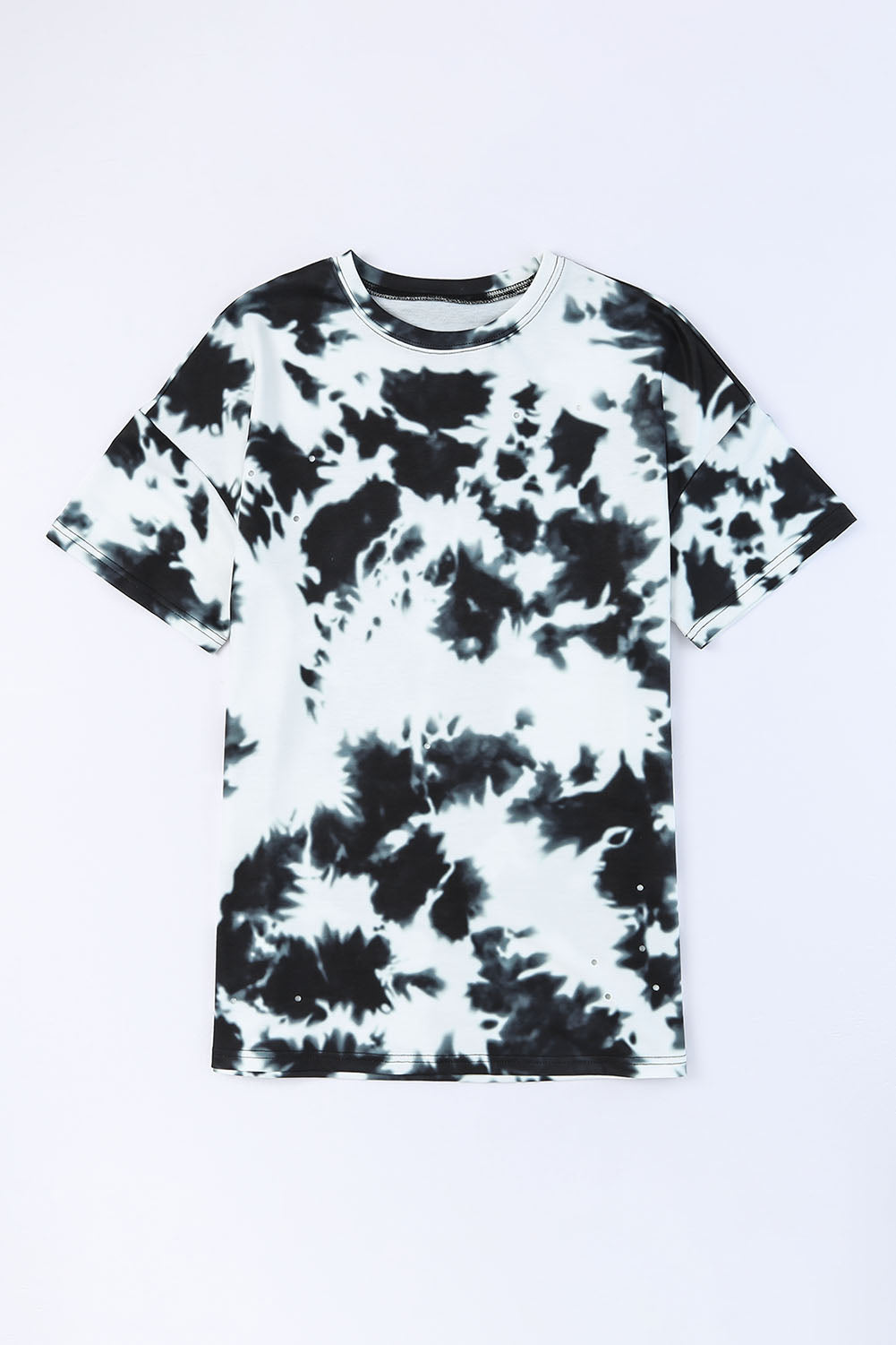 Tyra Tie-dye Polyester Blend Exotic Color Print Round Neck Short Sleeve Tunic Tee (Black/White)