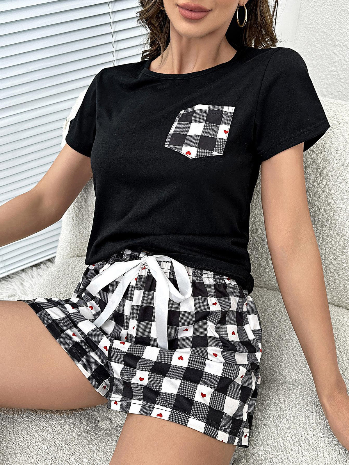 Our Best Polyester Blend Plaid Heart Top and Drawstring Shorts Two Piece Lounge Set (Black)