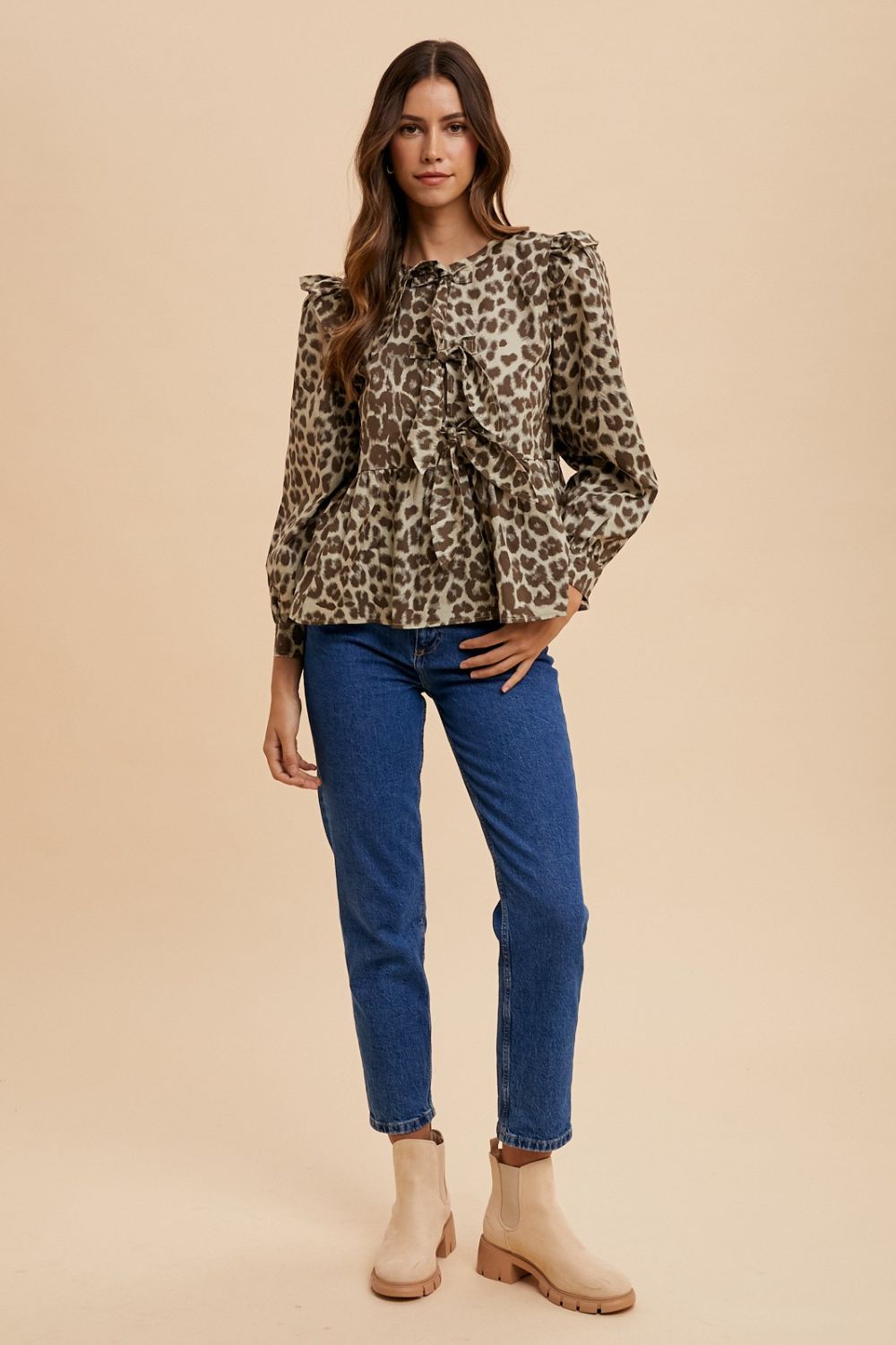 Samantha On Safari Fashion Plus Polyester Blend Annie Wear Sash Tie Leopard Round Neck Peplum Blouse (Mocha)