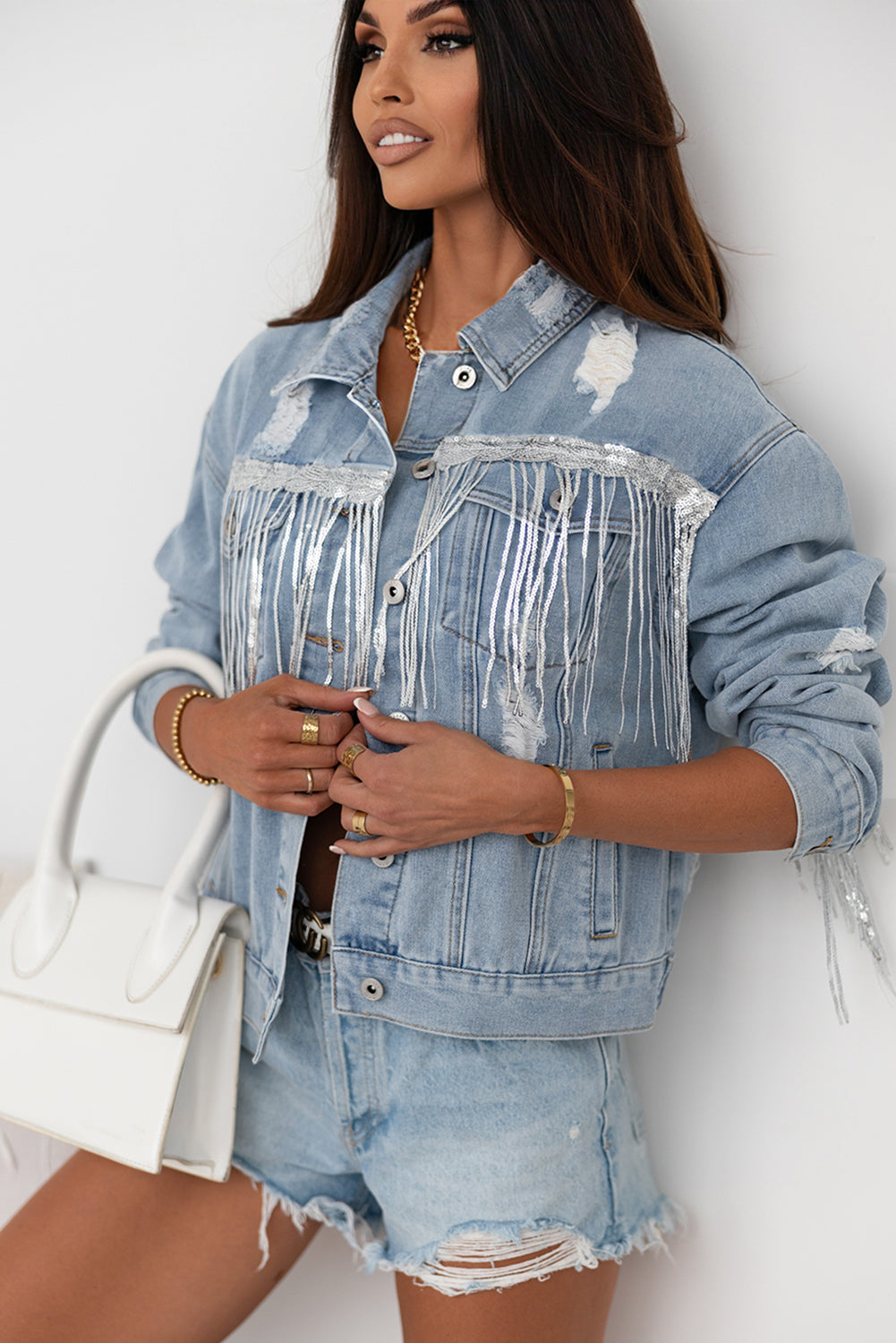 Damsel In Distressed Cotton Blend Sequin Fringe Trim Distressed Button-Up Denim Jacket (Medium Denim)