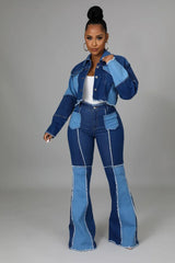 Women's Matching Set Denim Patchwork Vintage Short Jacket and Flare Pant Two Piece Set Outfit Autumn Casual Y2K Fashion Sets