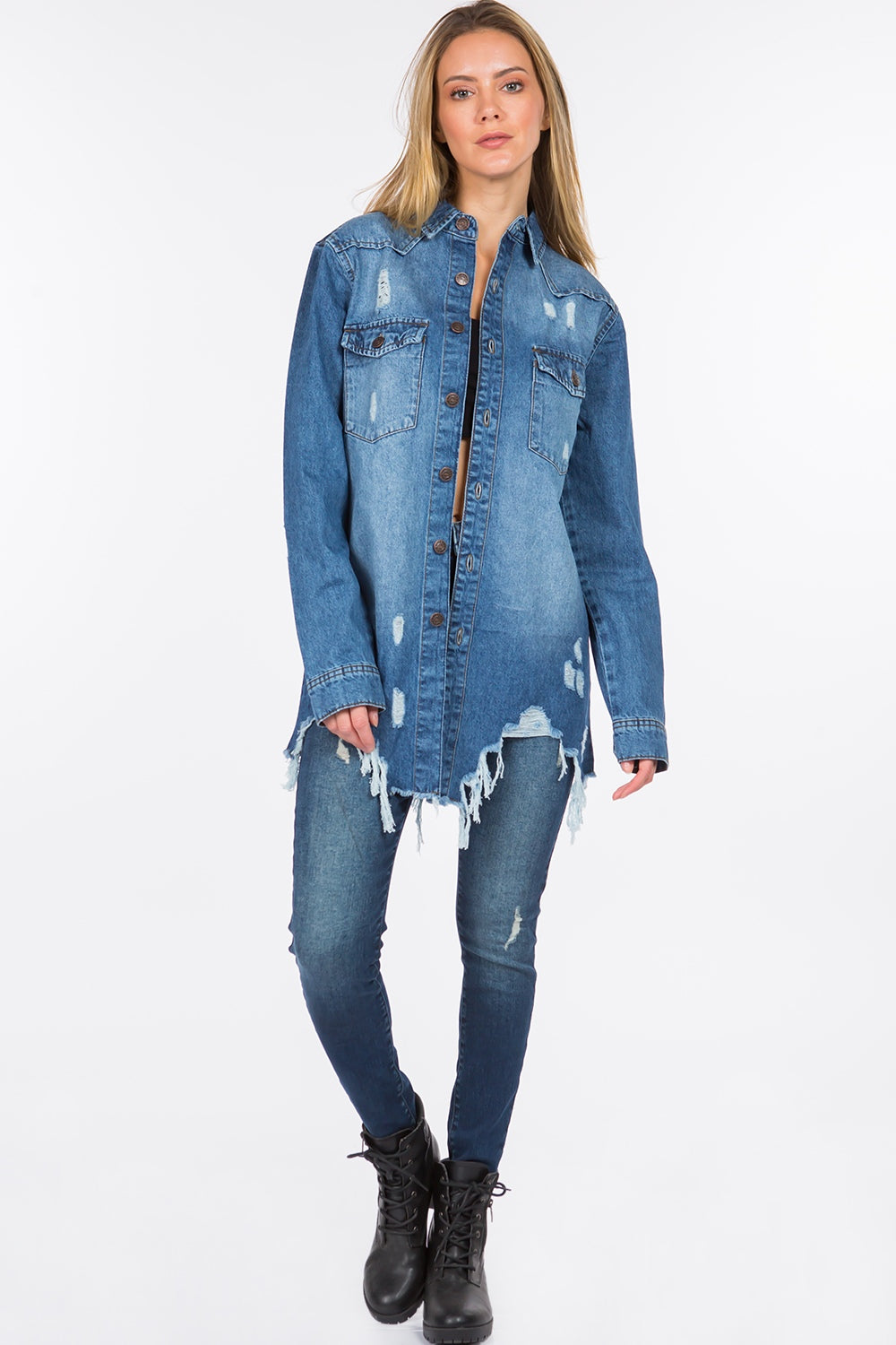 American Bazi 100% Cotton Button-Up Distressed Denim Frayed Jacket (Blue)