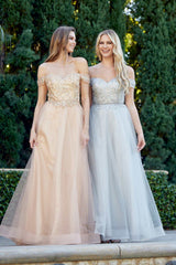 Juliet 287 Long Off the Shoulder Beaded Top A-Line Prom Dress