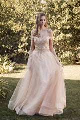 Juliet 287 Long Off the Shoulder Beaded Top A-Line Prom Dress