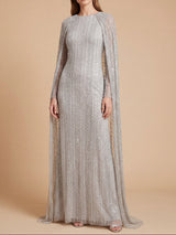 High Neck Linear Beaded Dress with Long Cape |  28837