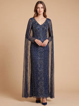 V-Neck Linear Beaded Dress with Long Cape |  28838
