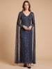 V-Neck Linear Beaded Dress with Long Cape |  28838