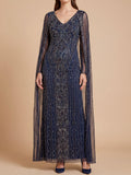 V-Neck Linear Beaded Dress with Long Cape |  28838
