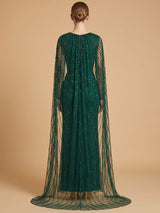 V-Neck Beaded Dress with Long Cape |  28839