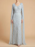 V-Neck Beaded Dress with Long Cape |  28839