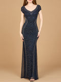 Beaded Mermaid Cap Sleeve Gown
