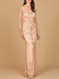 Beaded Long Sleeve V-neck Gown