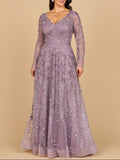 Lara 28878- Long Sleeve V-Neck Ombre Lace Gown