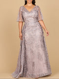 Lara 28880- Overskirt Lace Fitted V-Neck Gown with Cape Sleeves