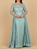 Long Sleeve Gown with Overskirt & Illusion Neckline