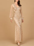 V Neck Beaded Long Sleeve Maxi Dress