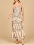 Contrast Beaded V-Neck Fitted Gown