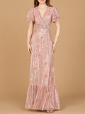 Elegant Beaded Gown with Flutter Sleeves