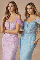 Juliet 288 Long Off the Shoulder Feather Strap Fitted Glitter Print Gown
