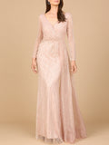 Long Sleeve V-Neck Gown with Drape