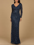 Long Sleeve Linear Focus Beaded Gown