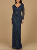 Long Sleeve Linear Focus Beaded Gown