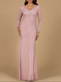 Long Sleeve Linear Beaded Gown