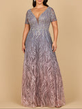Lara 28961 - Short Sleeve V-Neck Beaded Ballgown